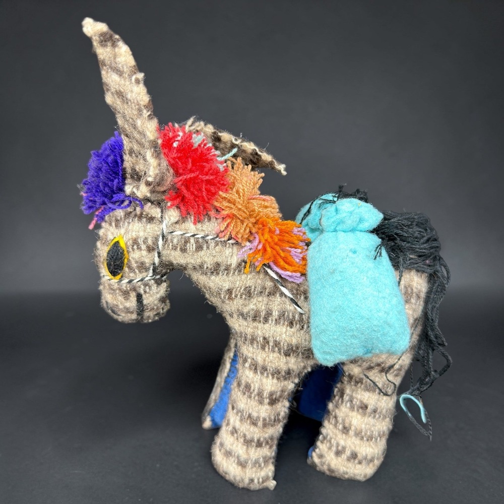 Vintage Mexican Folk Art Woven Wool Burro Donkey Figurine Colorful Yarn Pom Poms